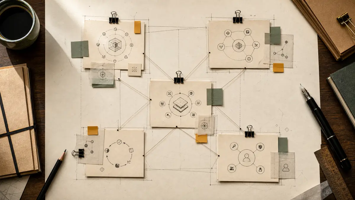 Schémas de systèmes connectés disposés sur un bureau