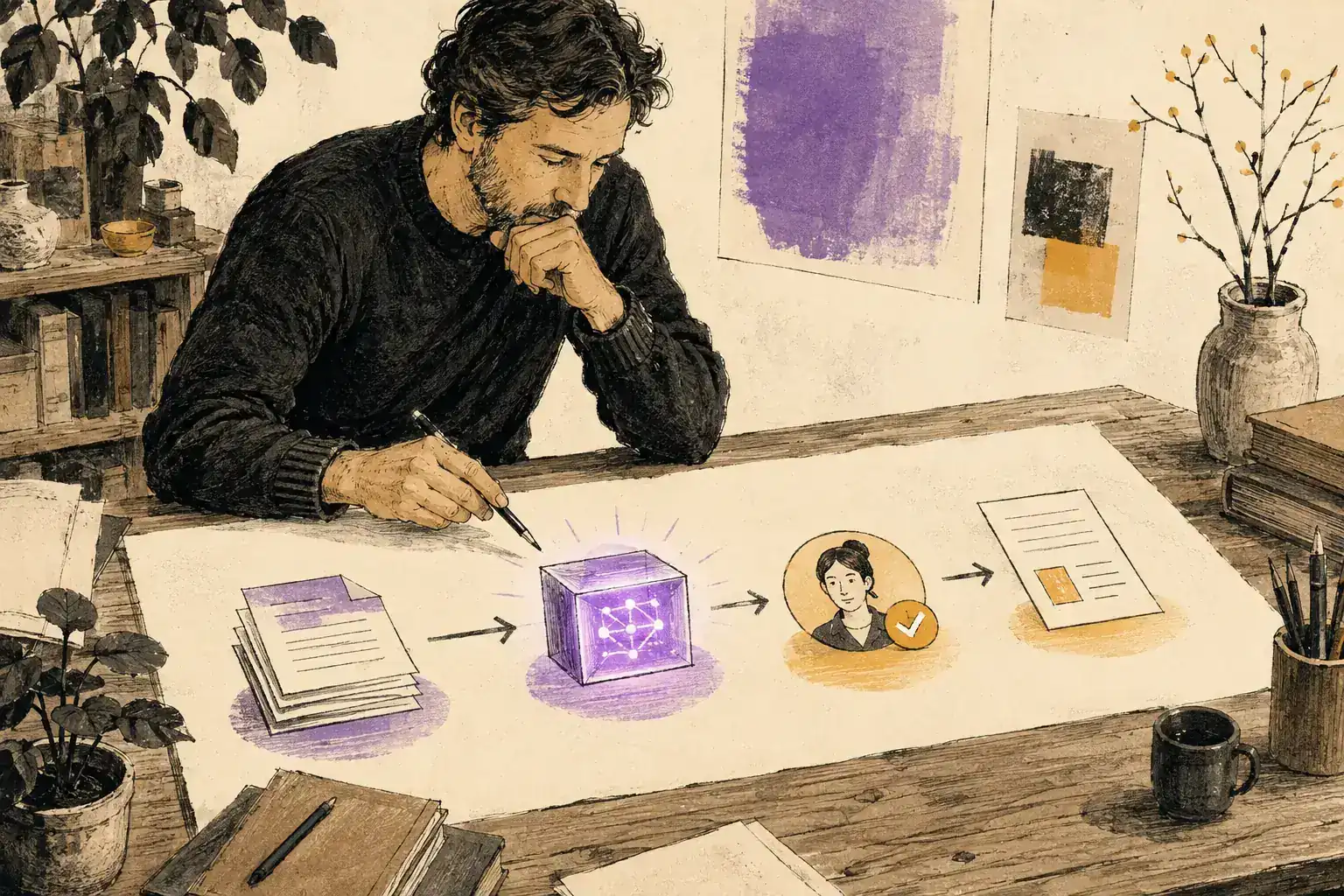Un opérateur examine des documents reliés à un boîtier d'intelligence artificielle, puis une validation humaine et un dossier final.