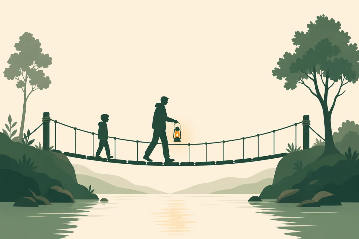 Un passeur guide un plus jeune sur un pont de corde entre deux rives